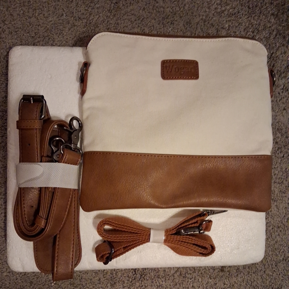 Wogarl Crossbody Purse Creme And Brown Canvas Leather Womens Nwot